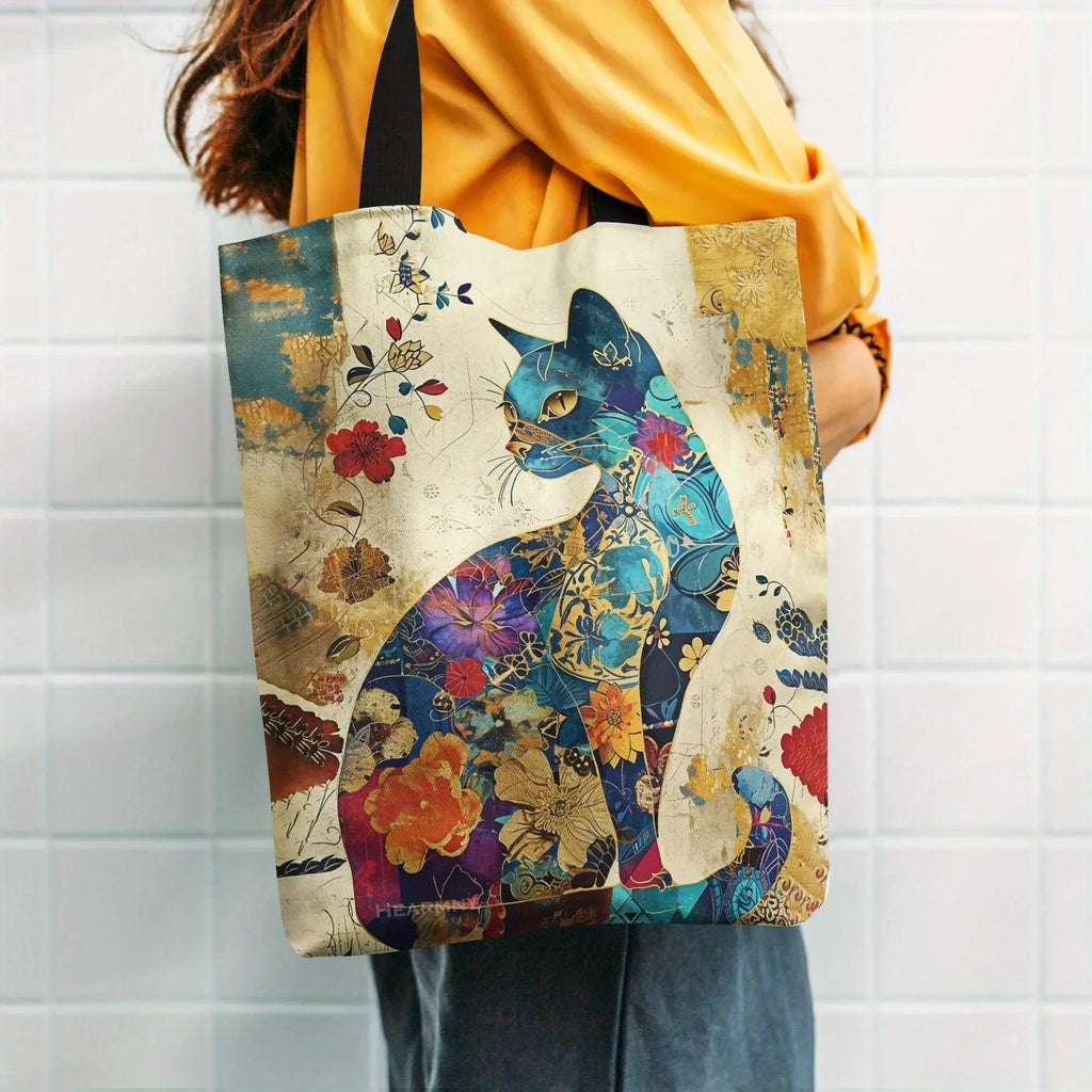 Floral Cat Canvas Tote Shoulder Bag for Women