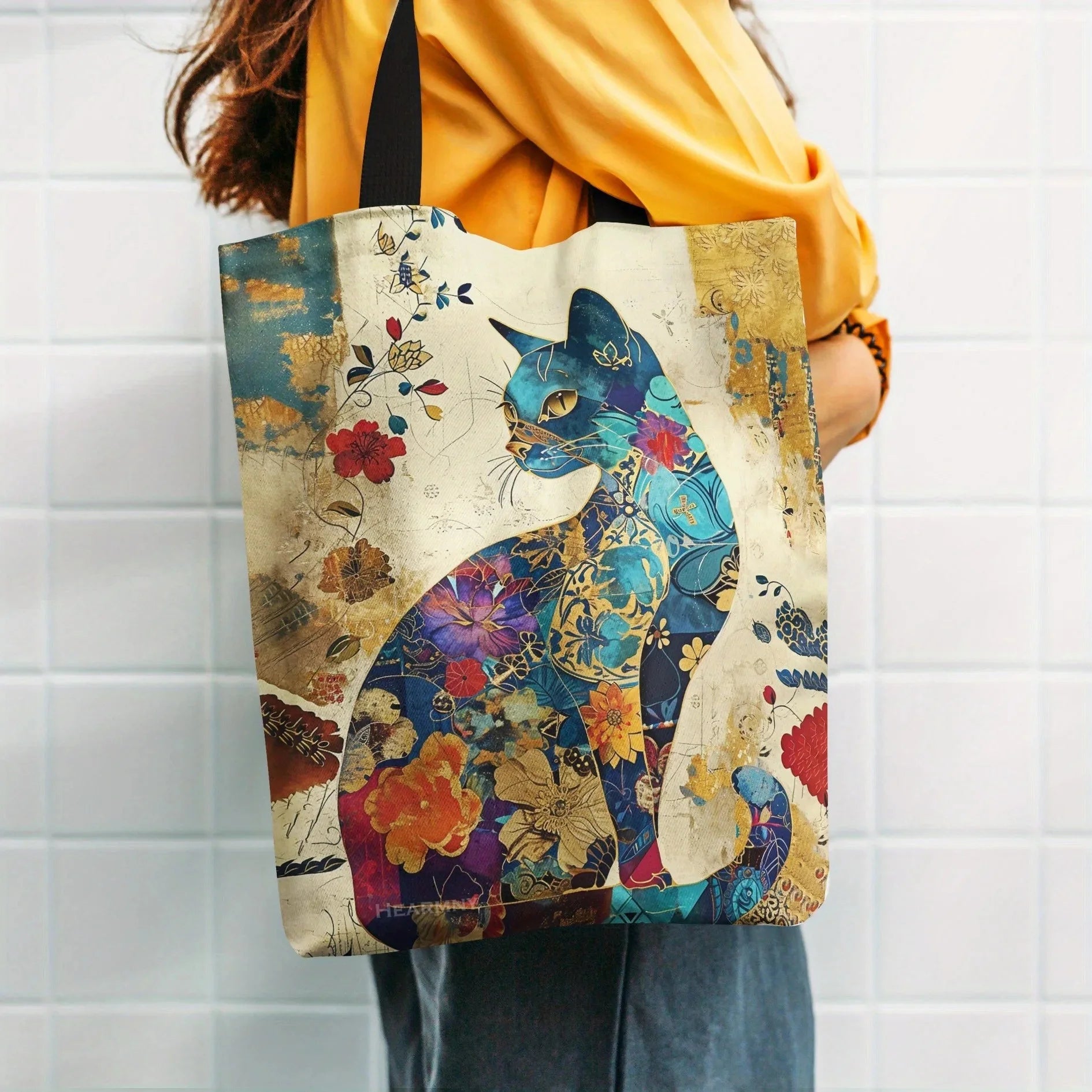 Floral Cat Canvas Tote Shoulder Bag for Women
