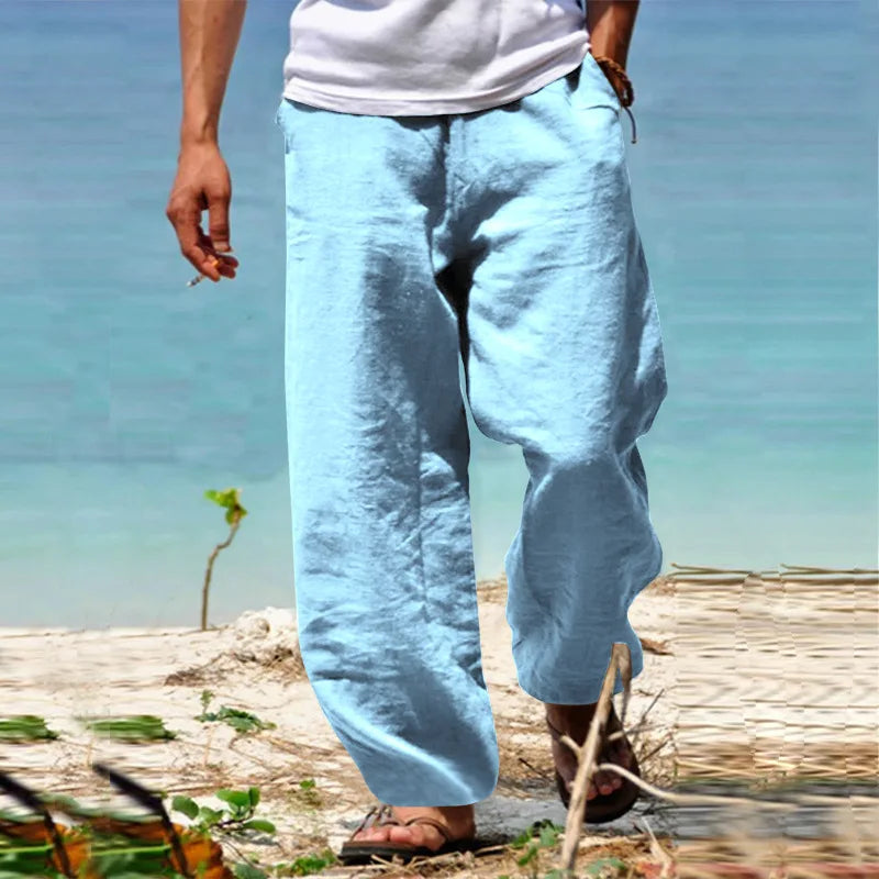 Men Cotton Linen Drawstring Jogger Pants Casual Trousers