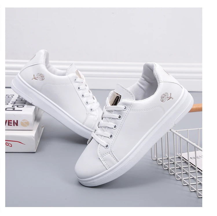Women Embroidered Lace Up White Shoes