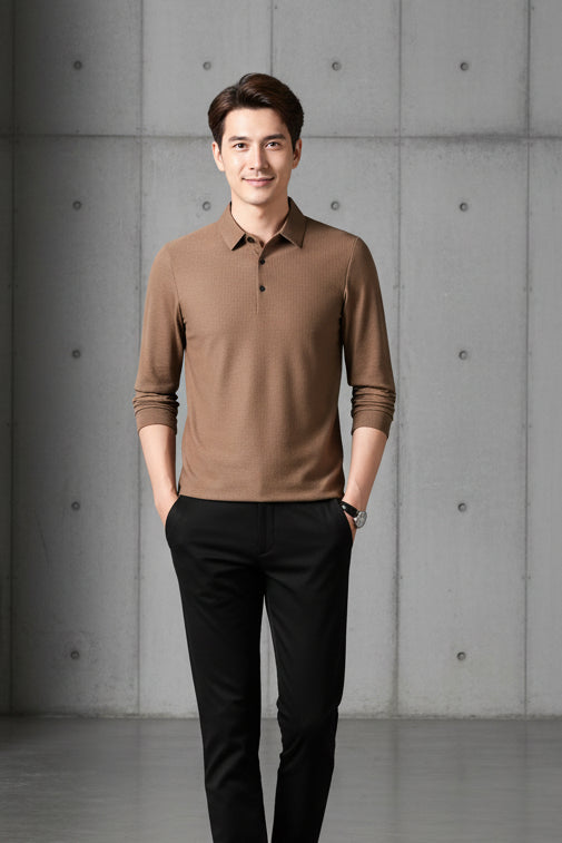 Men Business Casual Polo Long Sleeve T-shirt
