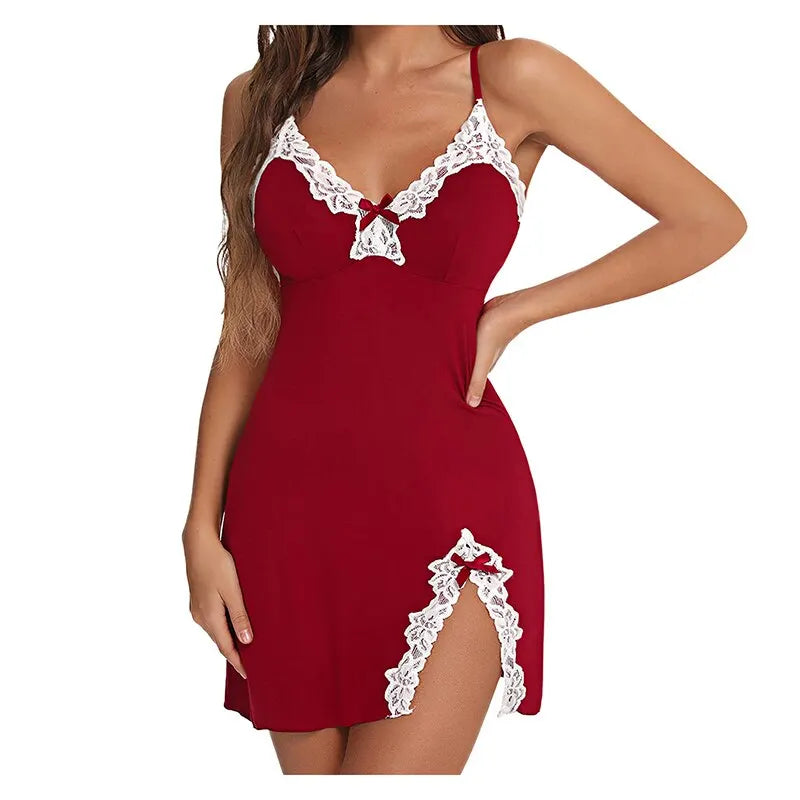 Lace Satin V Neck Nightgown Sleepwear for Women