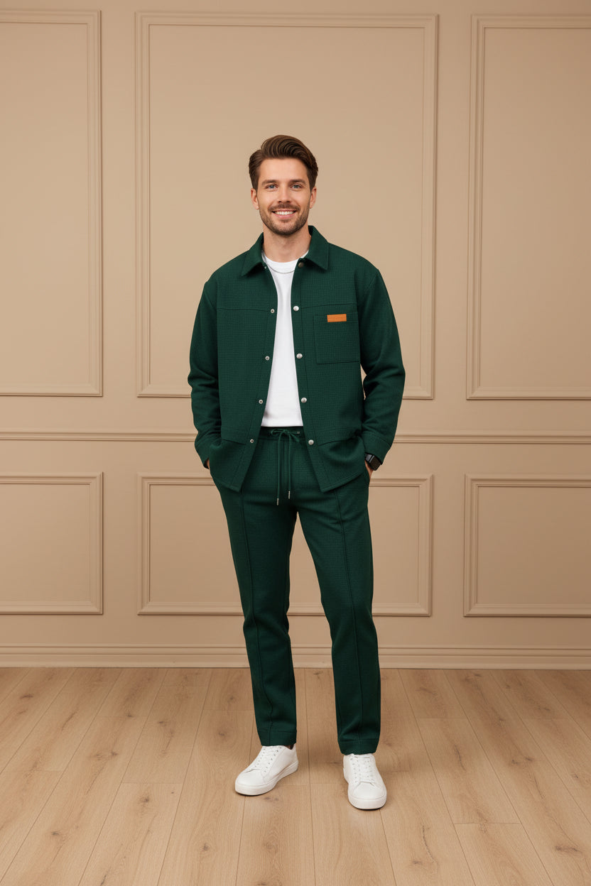 Men Waffle Jacket Pocket Two Piece Set