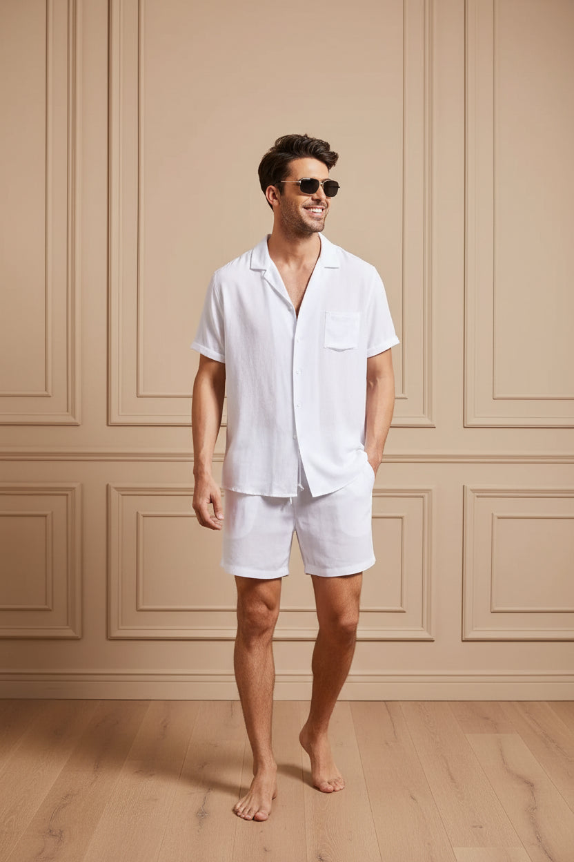 Men Cotton Linen Shirt Shorts Set