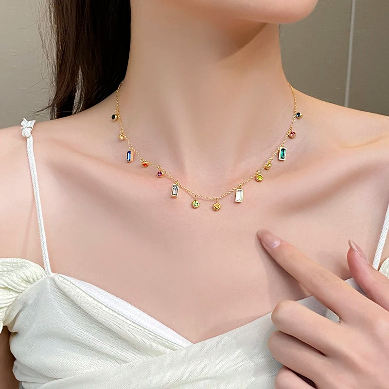 Women Colorful Zircon Stainless Steel Short Chain Necklace