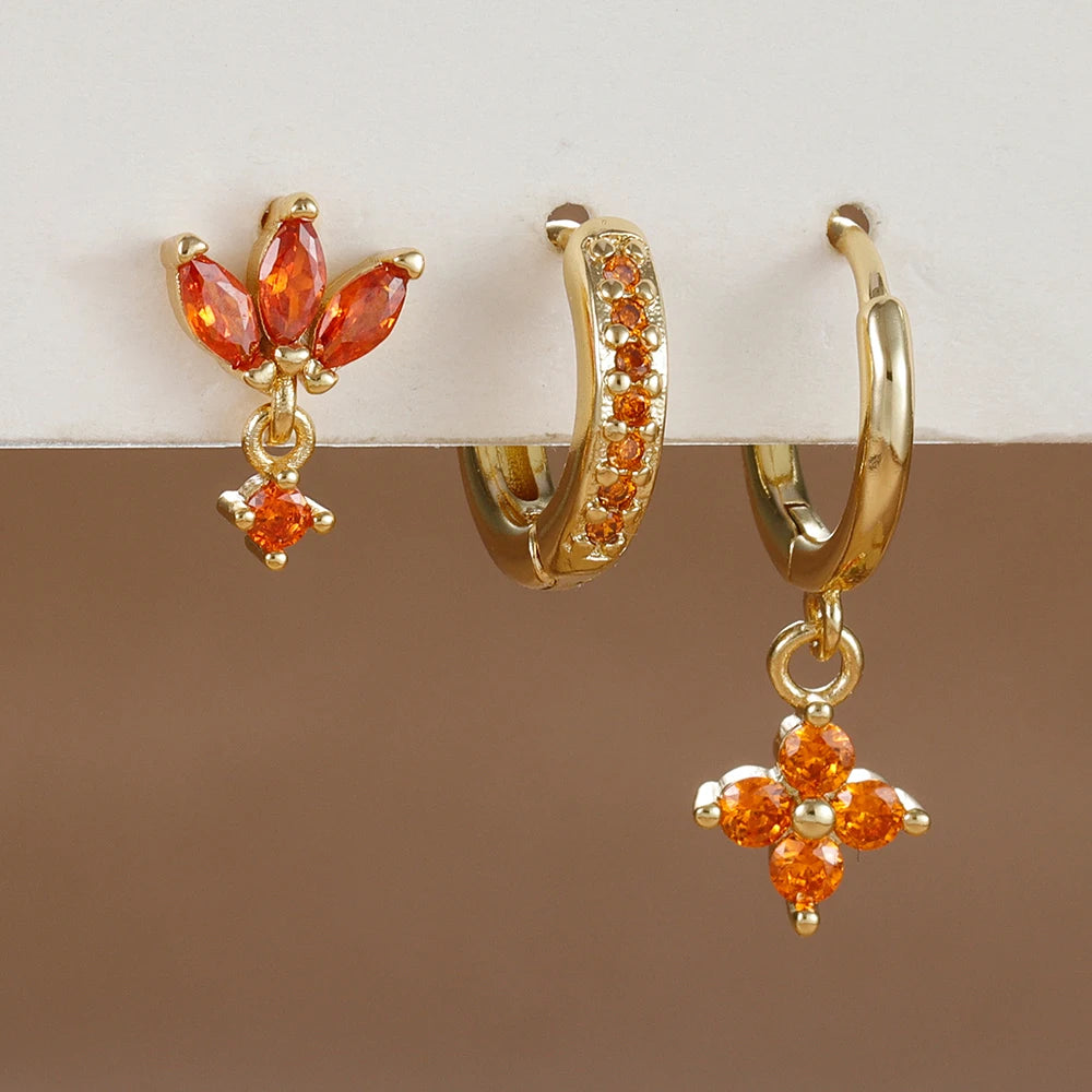 Women Zircon Flower Dangle Earrings Set Jewelry