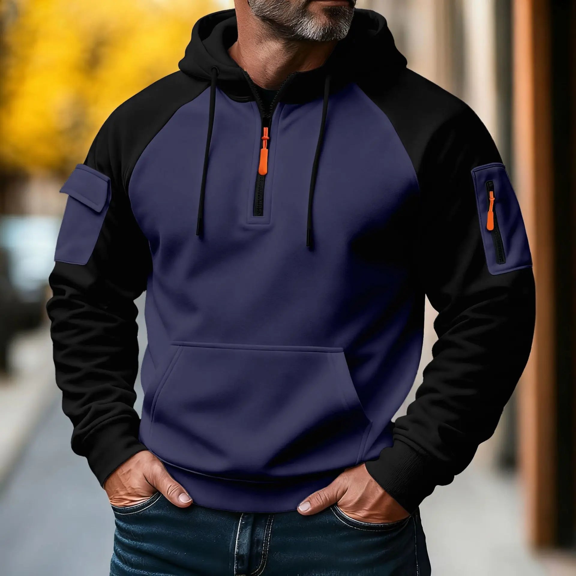 Men Hooded Zip Up  Jacket Multi Pocket Gym Hoodie