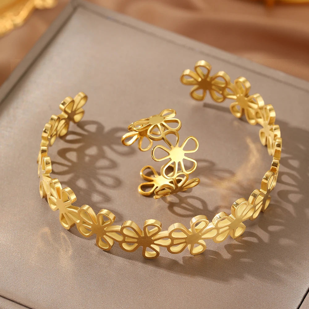 Women Stainless Steel Flower Bracelet Ring Set Retro Jewelry