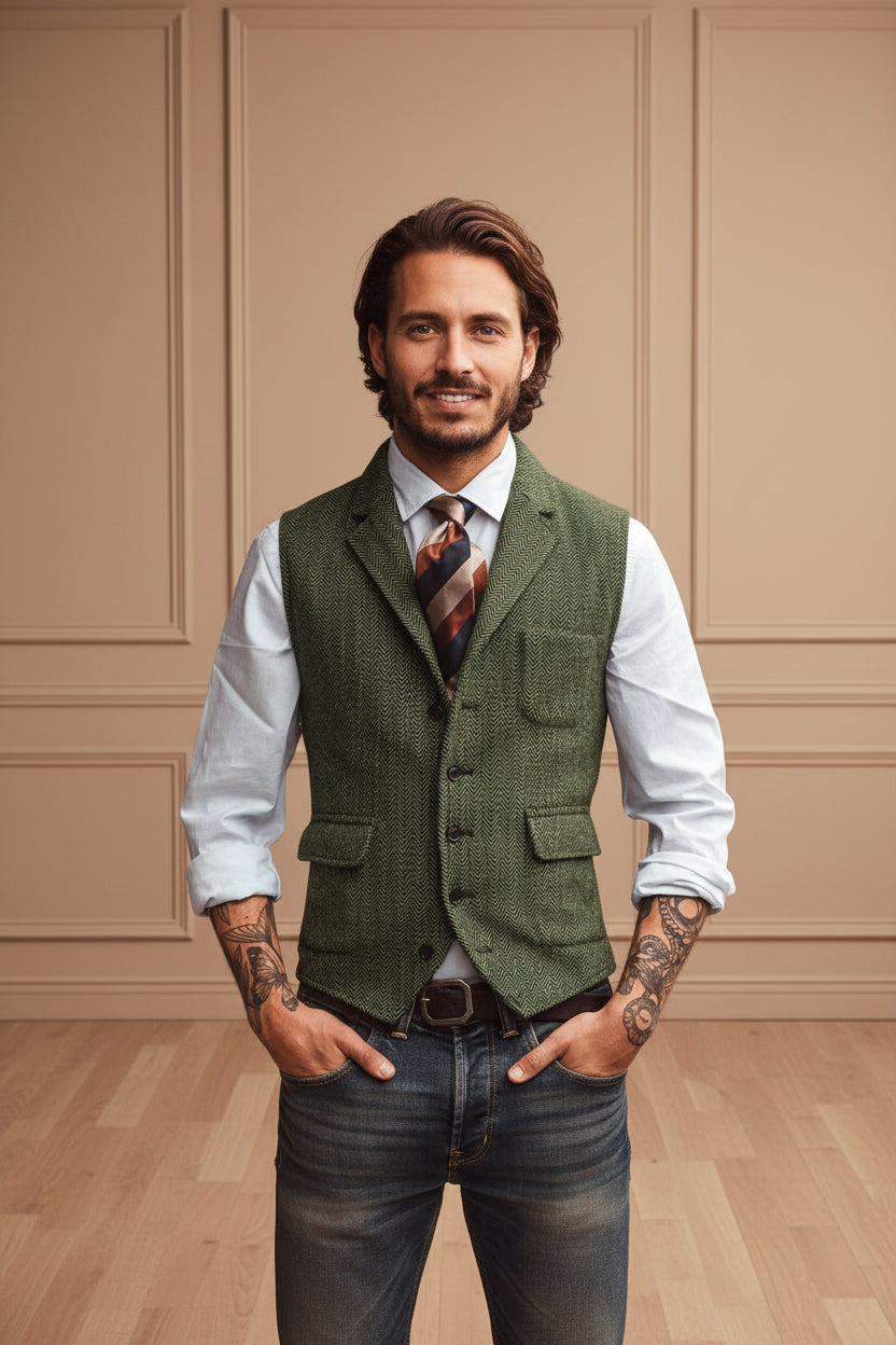 Men Brown Herringbone Waistcoat Vest