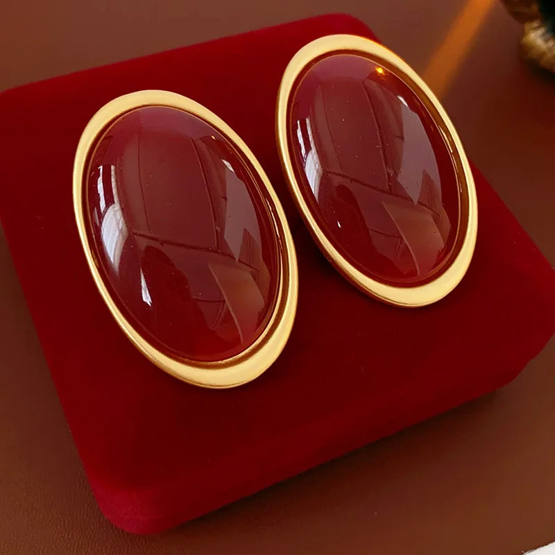 Women Vintage Red Resin Geometric Oval Stud Earrings