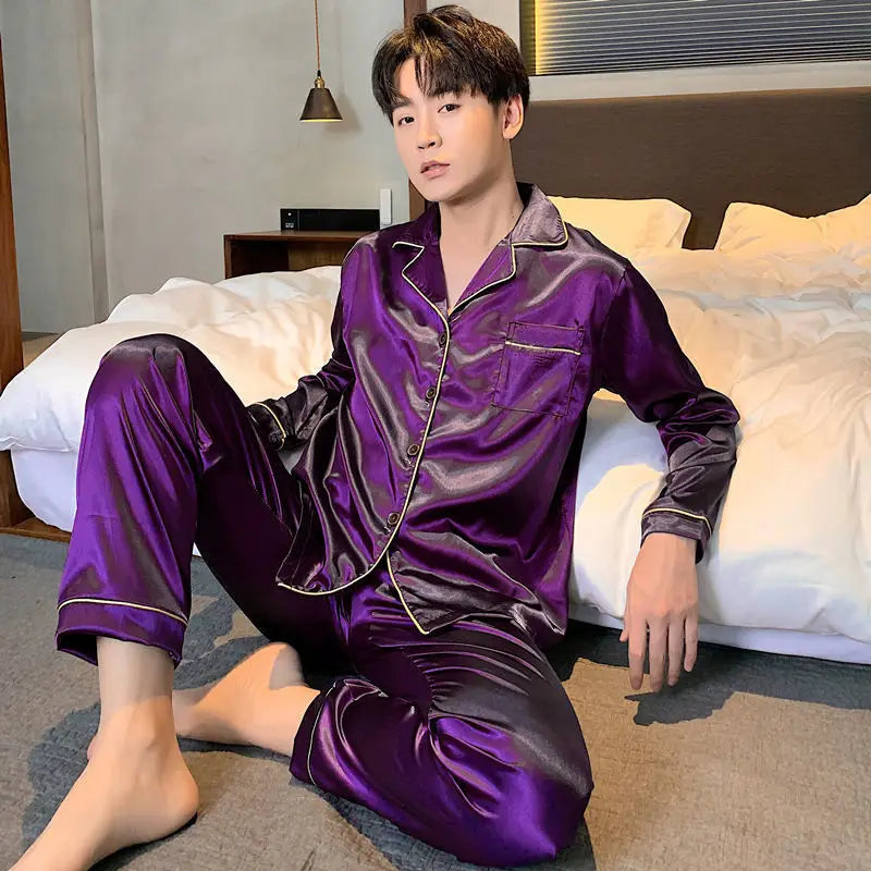 Men Silk Satin Pajamas Set Winter Sleepwear Loungewear
