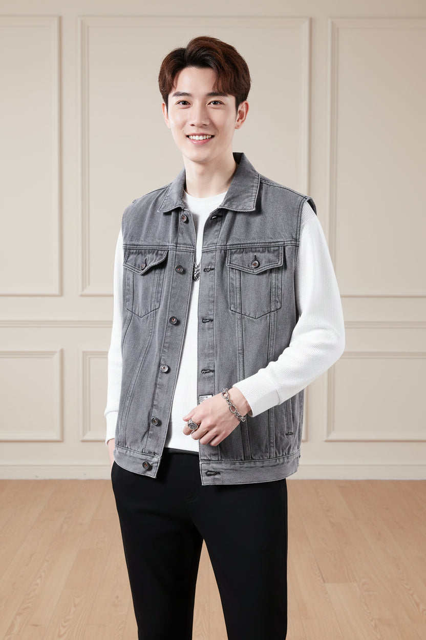 Men Retro Multi Pocket Denim Work Vest