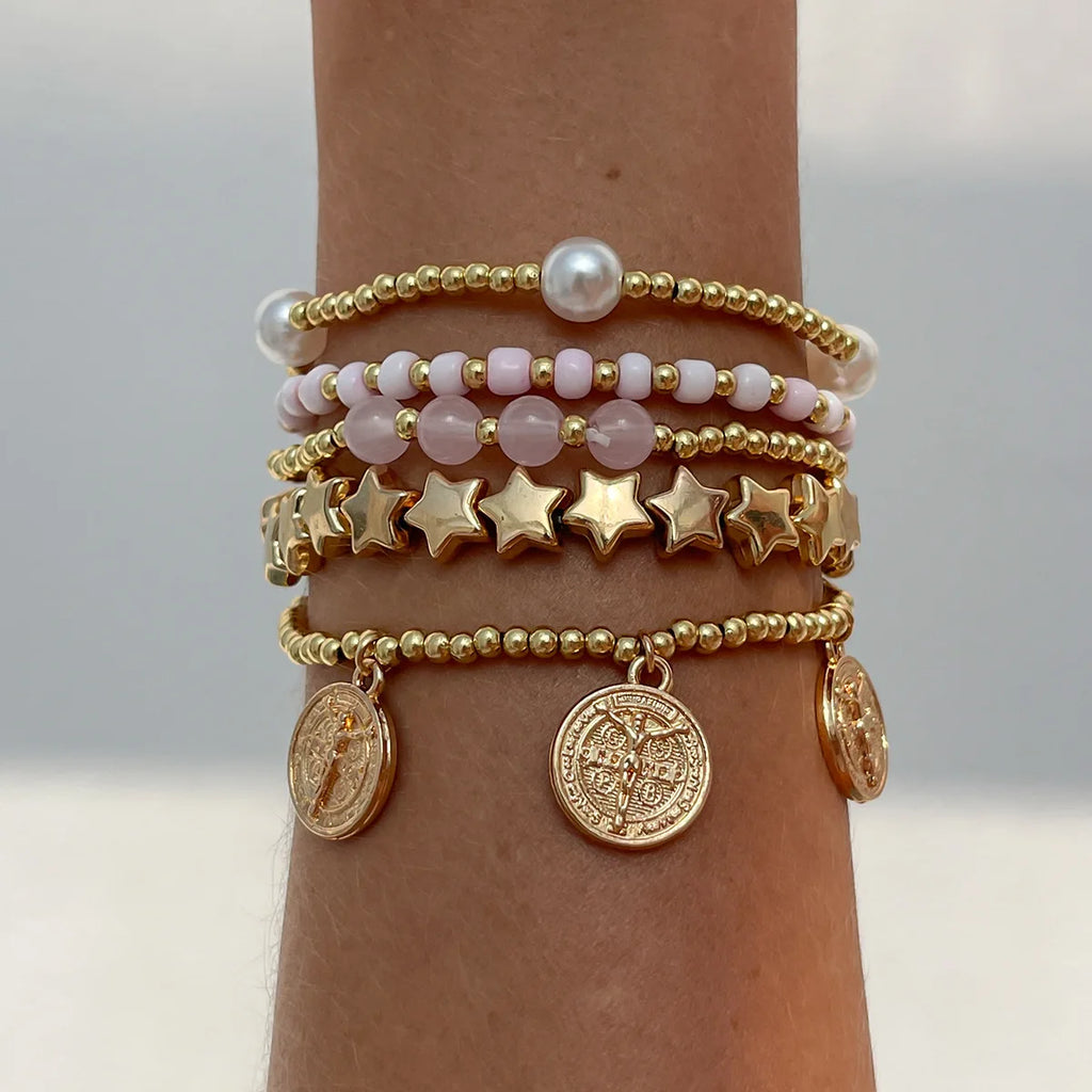 Women Retro Round Pendant Bead Layered Elastic Bracelet Fashion Jewelry