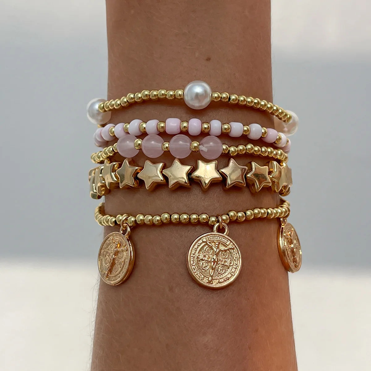 Women Retro Round Pendant Bead Layered Elastic Bracelet Fashion Jewelry