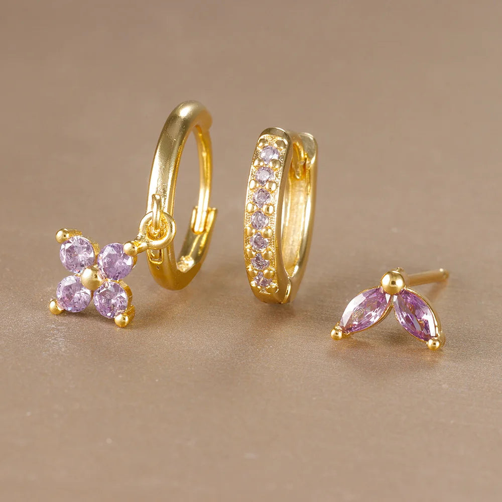 Women Stainless Steel Flower Zircon Drop Earring Set Jewelry
