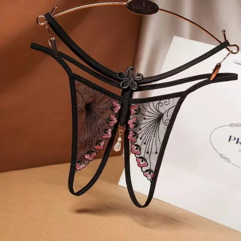 Open Crotch Lace Embroidered Sexy Thong Panties for Women