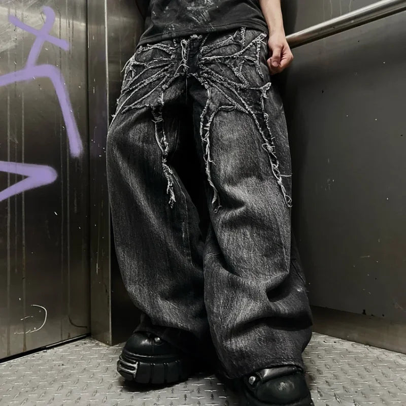 Men Gothic Oversized Baggy Embroidered Jeans