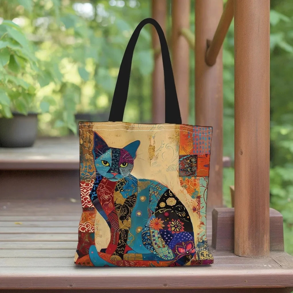 Floral Cat Canvas Tote Shoulder Bag for Women