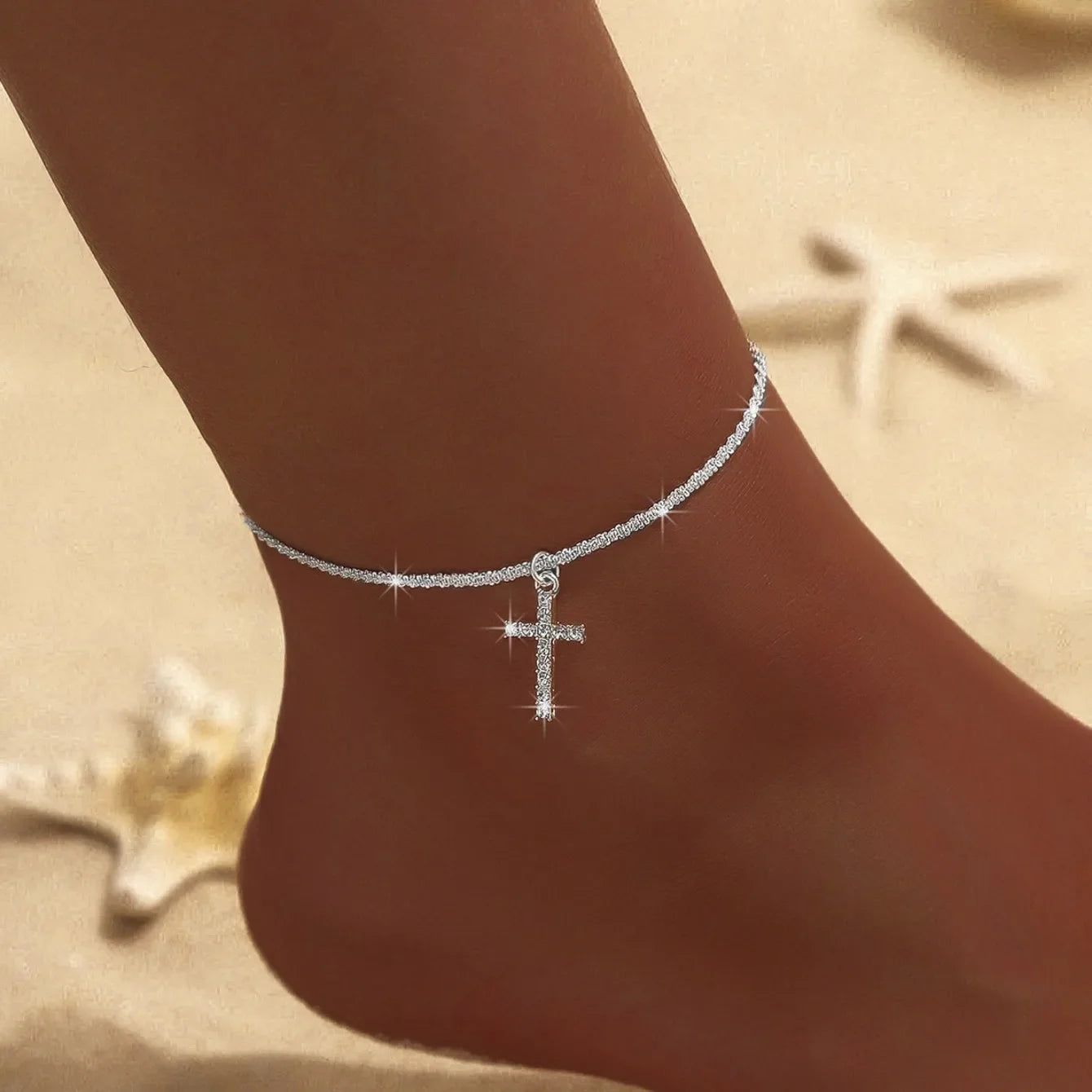 Women Zircon Cross Pendant Chain Anklet Jewelry