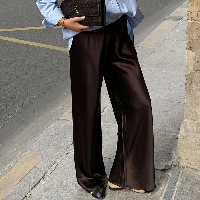Women Elegant Satin Wide Leg Pants