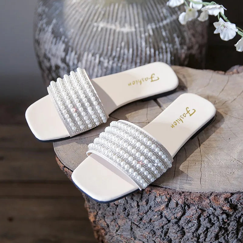 Women Square Toe Leather Flat Sandals