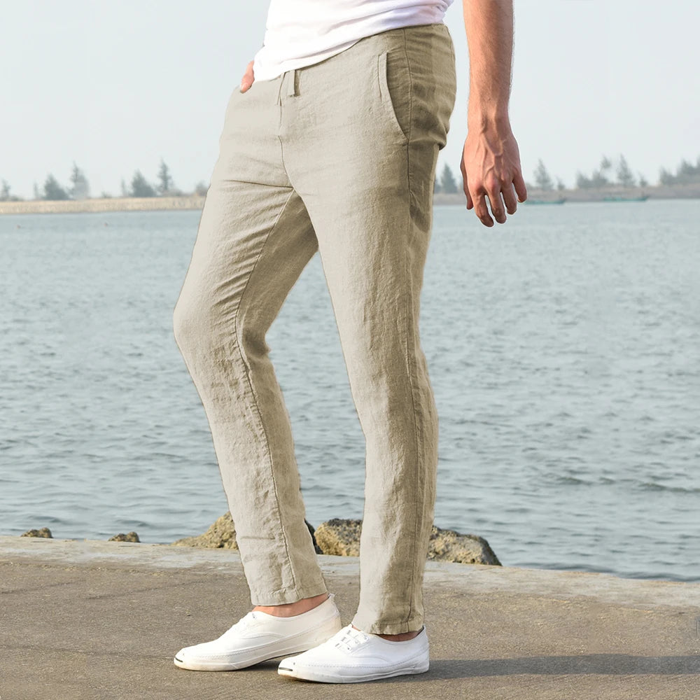 Men Cotton Linen Breathable Straight Trousers Casual