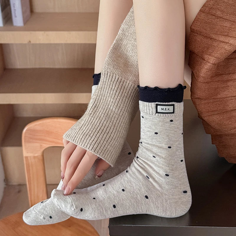 Polka Dot Frilly Long Socks for Women