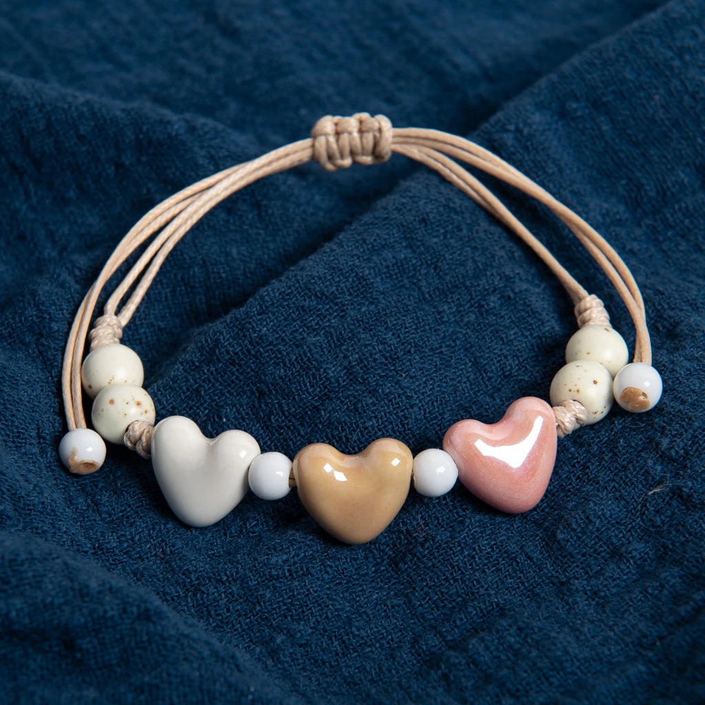 Women Handmade Ceramic Triple Heart Adjustable Cord Bracelet