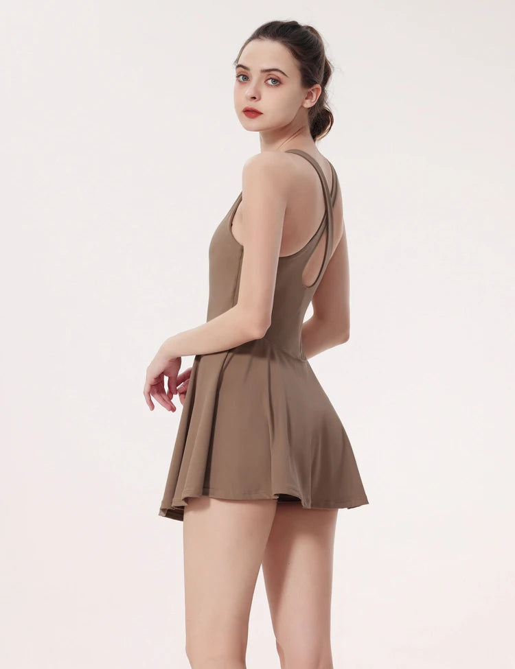 Women Summer Tennis Dress Solid Color Backless Dress