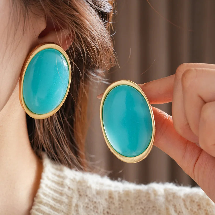 Women Vintage Red Resin Geometric Oval Stud Earrings