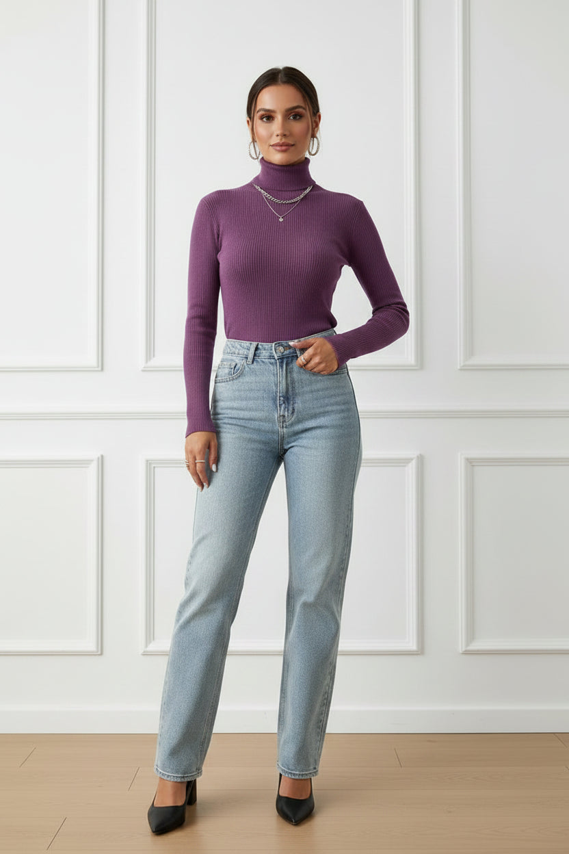 Foldover Turtleneck Ribbed Knit Sweater for Women