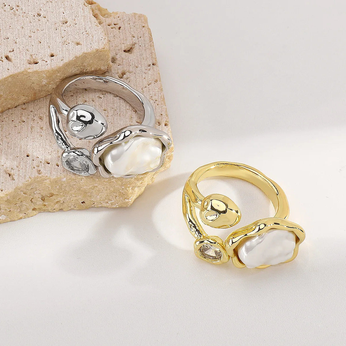Women Vintage Baroque Pearl Geometric Zircon Ring Jewelry