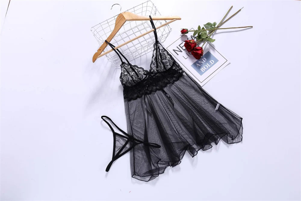Women Crotchless Sleepwear Pajamas Lace Night Dress