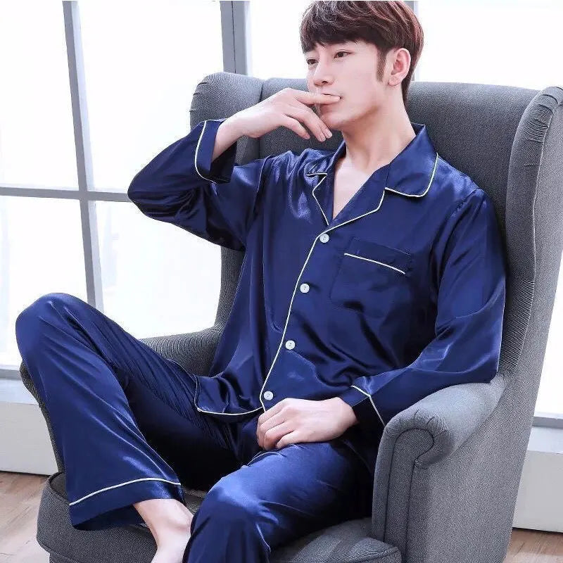 Men Silk Satin Pajamas Set Winter Sleepwear Loungewear