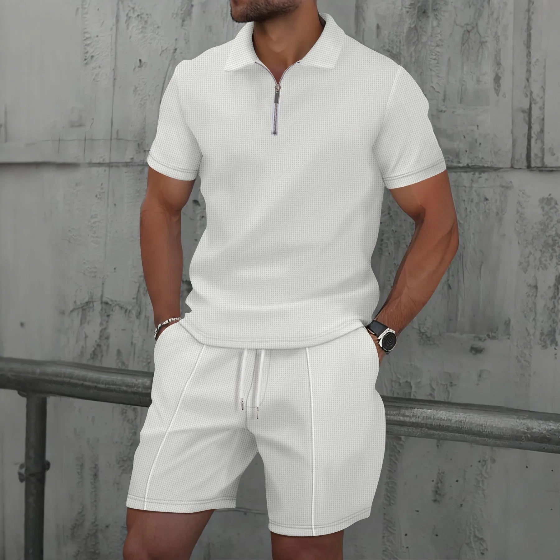 Men Waffle Zip Up Polo Shirt and Shorts Set