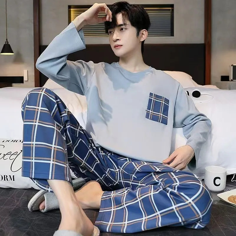 Men Black Striped Pajama Set Long Sleeve Sleepwear Loungewear