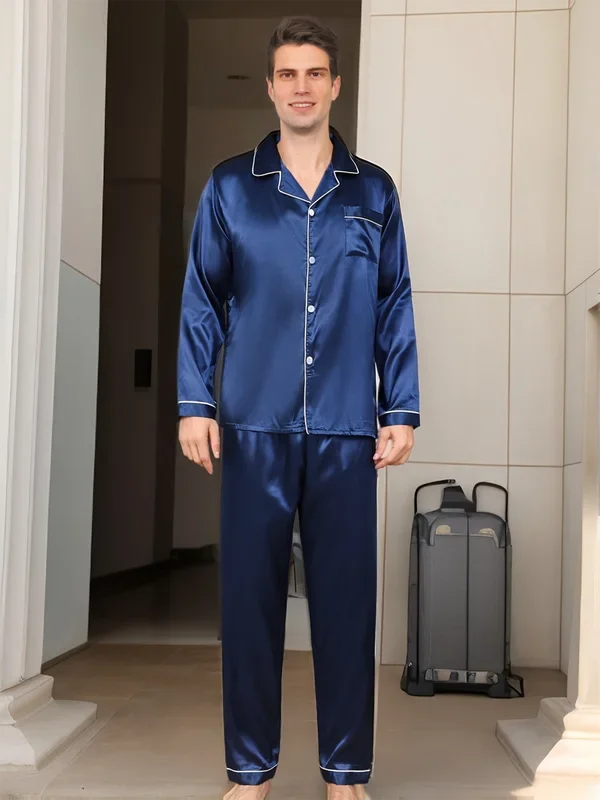 Men Microfiber Satin Pajama Set Long Sleeve Sleepwear