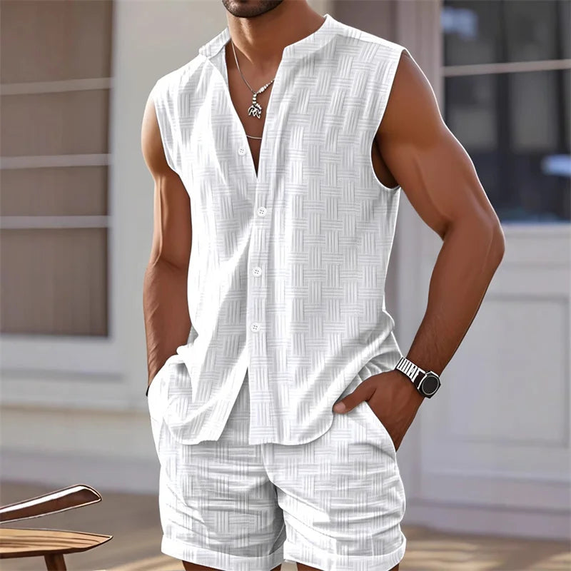 Men Sleeveless Shirt and Plaid Shorts Beach Set