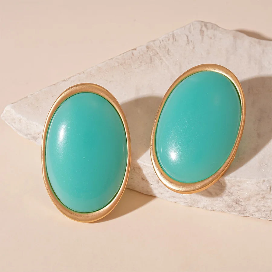 Women Vintage Red Resin Geometric Oval Stud Earrings