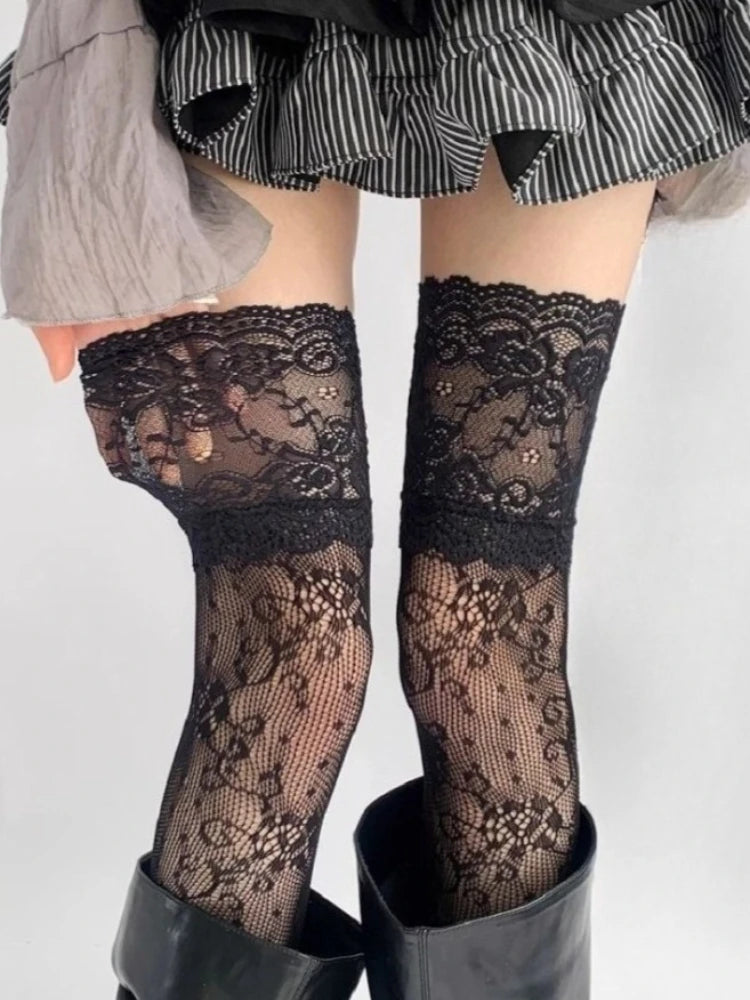 Lace Trim Fishnet Thigh High Stockings for Women