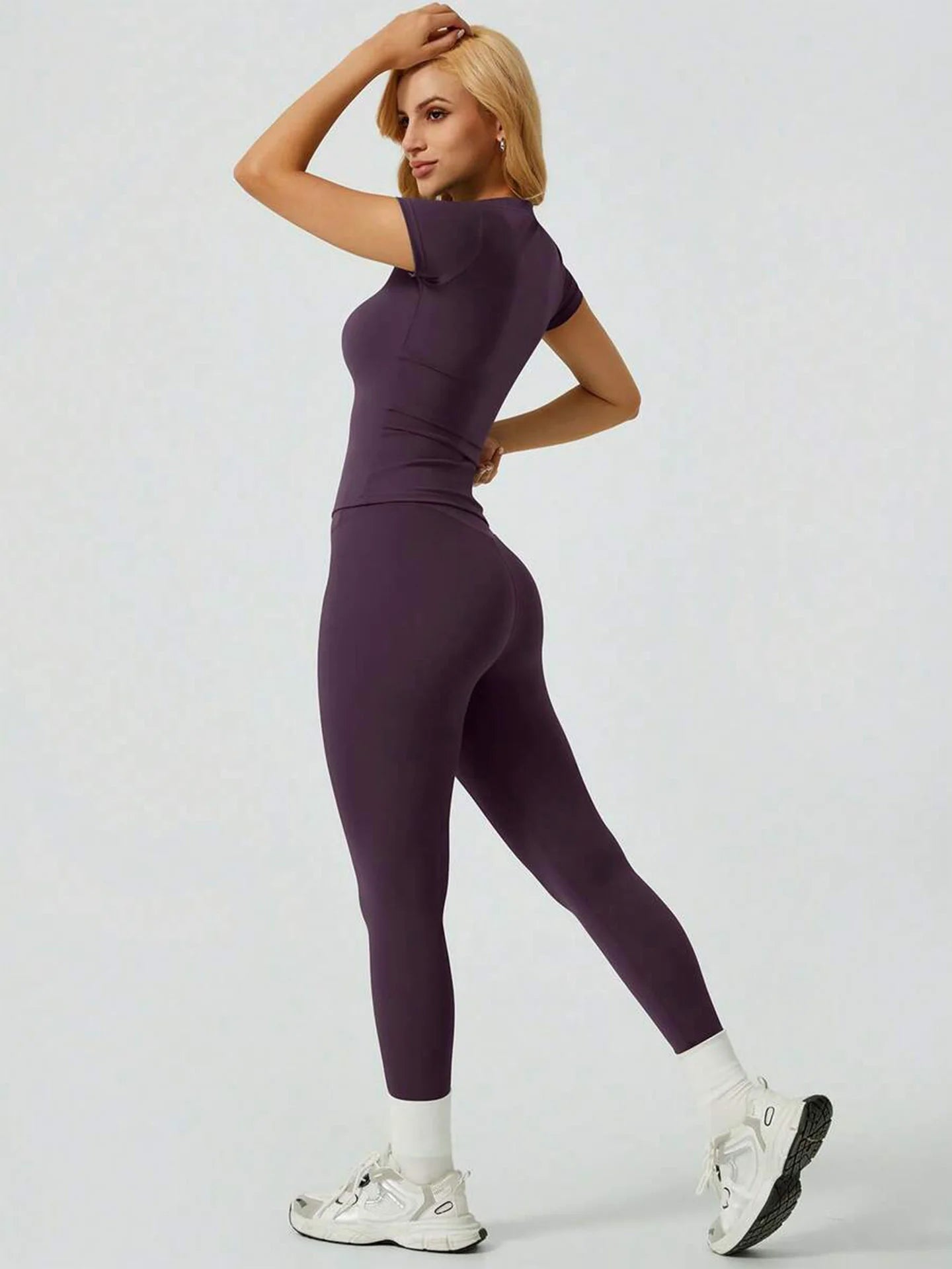 Women 2 Piece Yoga Set Short Sleeve Top and High Waist Leggings Fitness Outfit