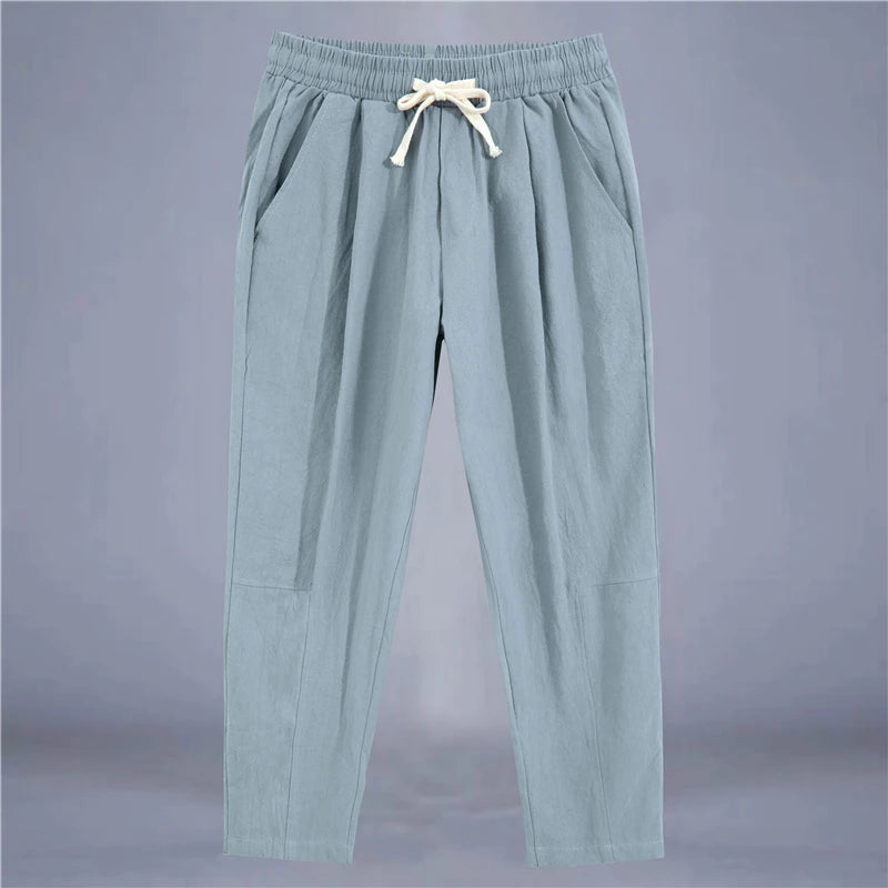 Men Cotton Linen Drawstring Casual Pants Loose Fit Trousers
