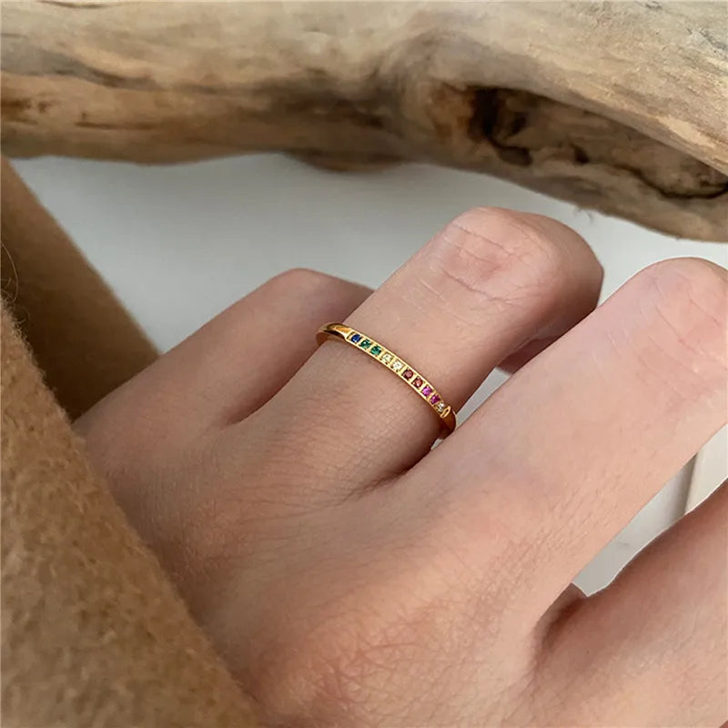 Women Rainbow Zircon Stainless Steel Star Rings Set