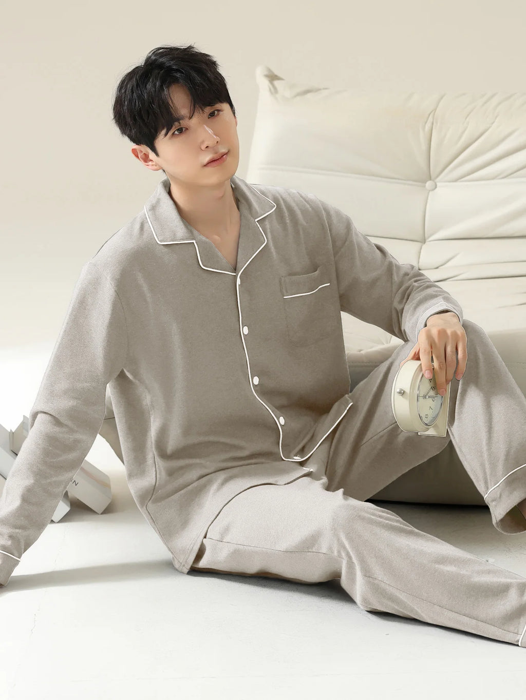 Men Cotton Long Sleeve Pajama Set Sleepwear