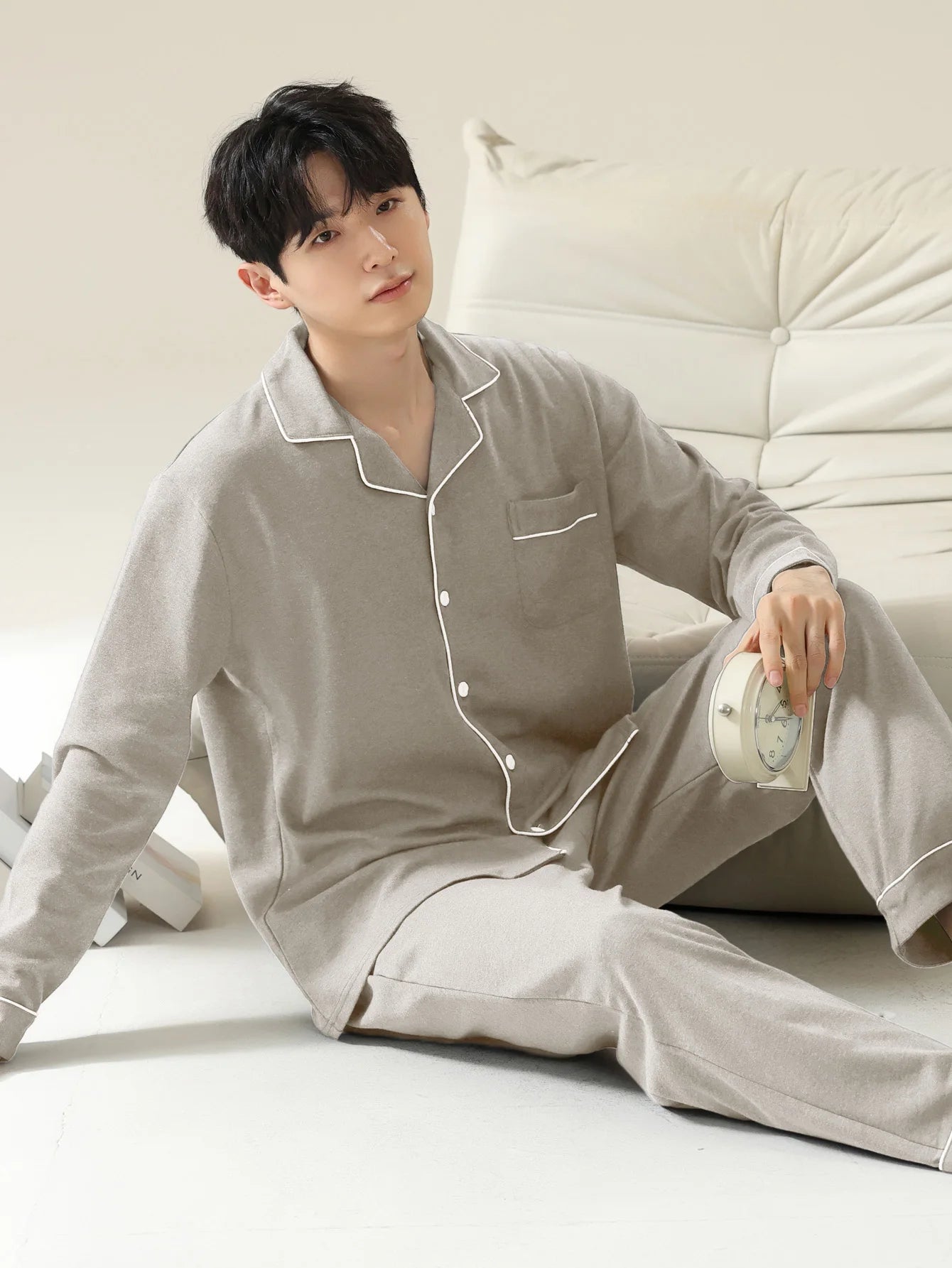 Men Cotton Long Sleeve Pajama Set Sleepwear