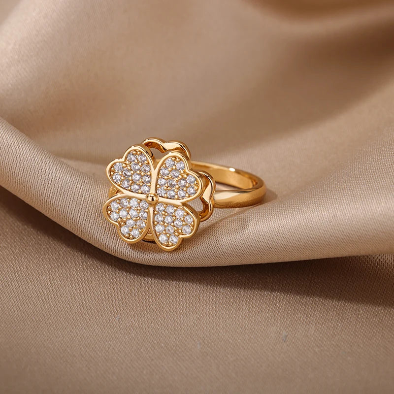 Women Spinner Zircon Clover Heart Fidget Ring Jewelry