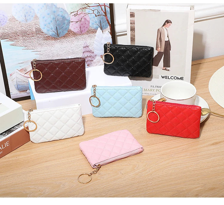 Mini Plaid Leather Zipper Coin Purse Wallet with Keychain for Women
