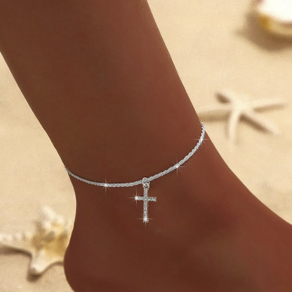 Women Zircon Cross Pendant Chain Anklet Jewelry