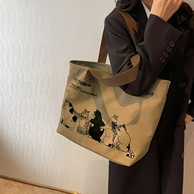 Spacious Canvas Tote Shoulder Bag with Zipper for Women