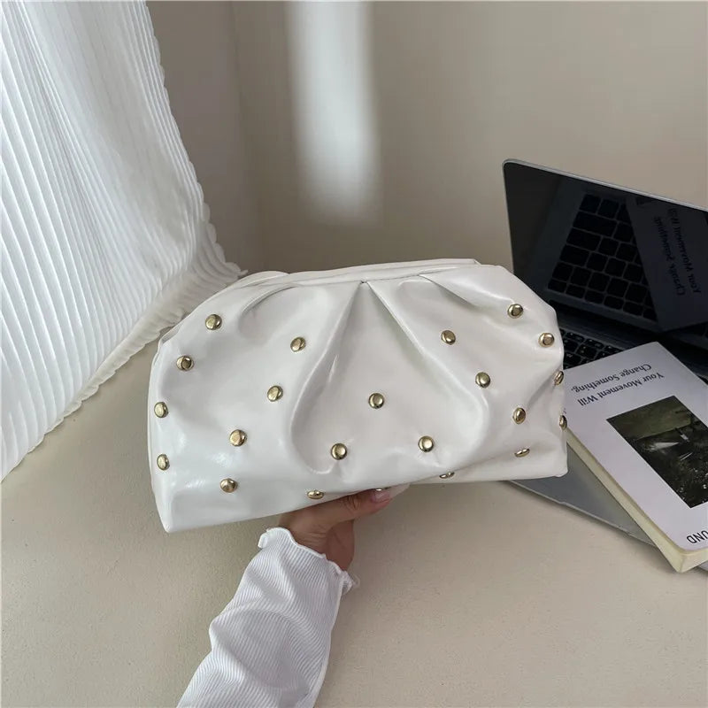 Rivet Pleated PU Leather Evening Bag for Women